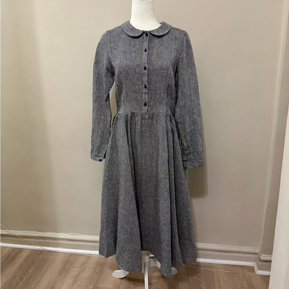 Classic Dress, Long Sleeve, Heavy Twill Linen - Grey Moon Size M